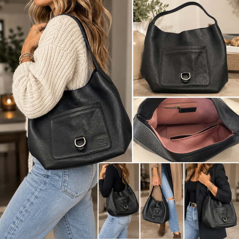 DB Black Pebbled Leather Hobo Shoulder Bag Slouchy Quiet Luxury Handbag